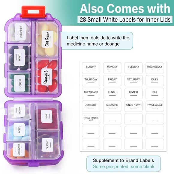 Travel Pill Organizer Labels & 1 Drawstring Pouch, Small 10 Compartments PURPLE - Picture 8 of 9